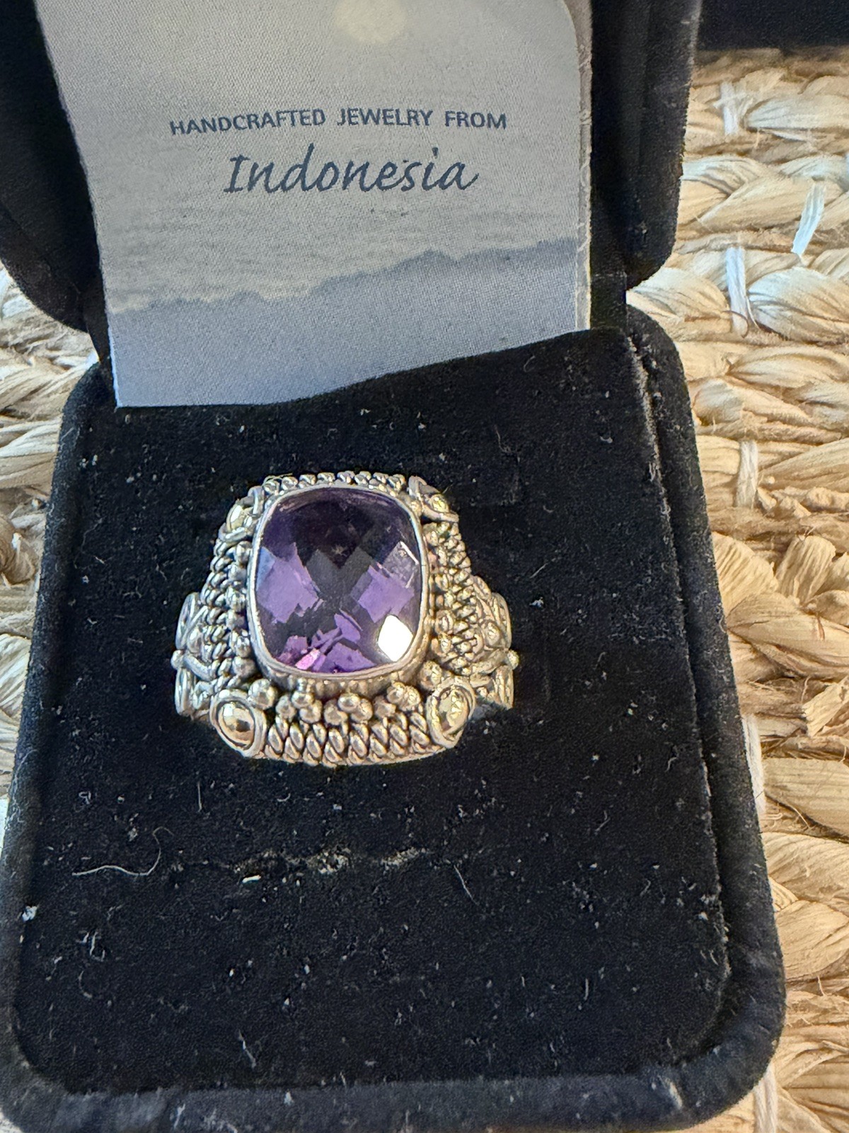 VINTAGE ARTISAN 18K & STERLING BA SUARTI AMETHYST RING SZ 7 18 X 16 MM