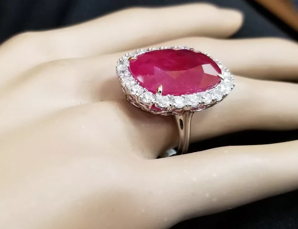 11.80Ct Cushion Cut Natural Ruby & Diamond Engagement Ring 14K White Gold Size 9