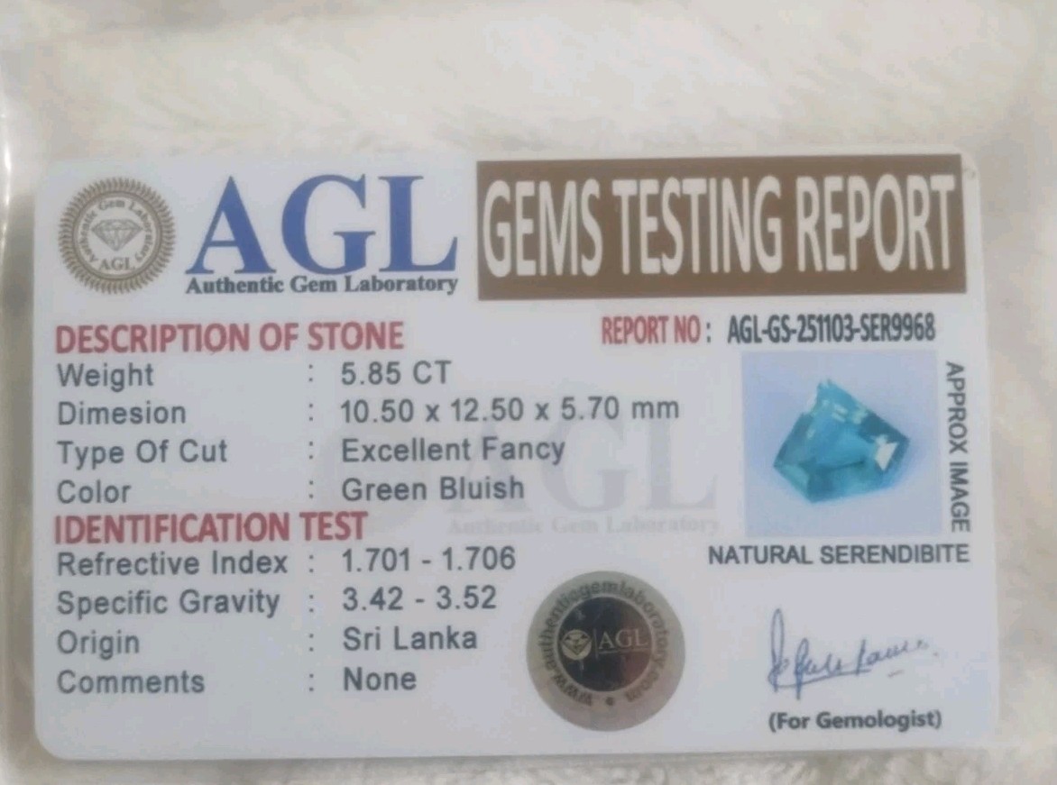 5.85ct Serendibite Green Bluish Unheated AGL Certified Fancy 10.5×12.5×5.7mm