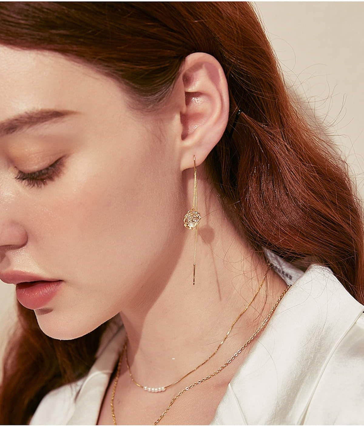 Aretes Largos de Cadena Flor Rosa Oro 14K para Mujer o Dama de Honor