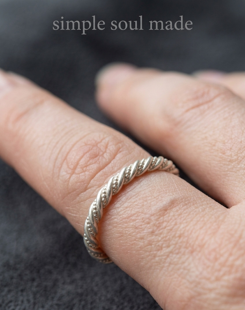 925 Silver Twisted Rope Ring, Beaded Edge Band, Handmade Unisex Silver Jewelry