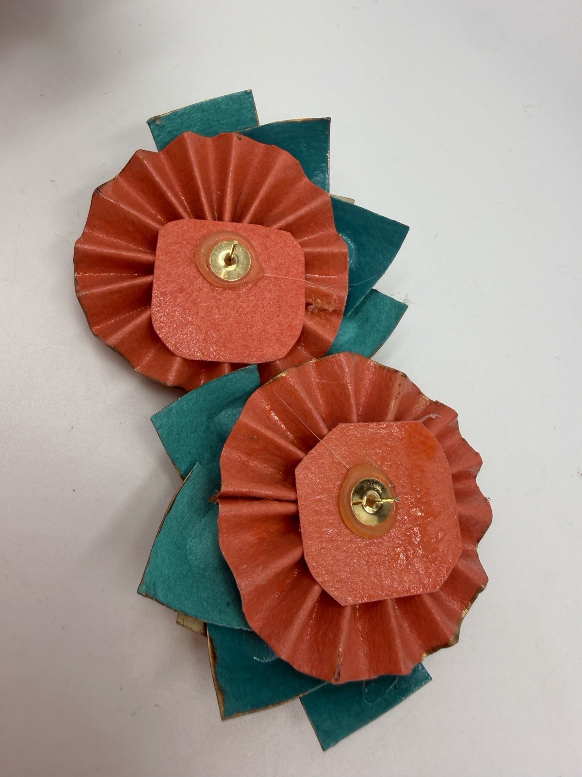 Vintage Earrings Paper Statement Large 80s Lightweight Blue Peach Fan Pierced