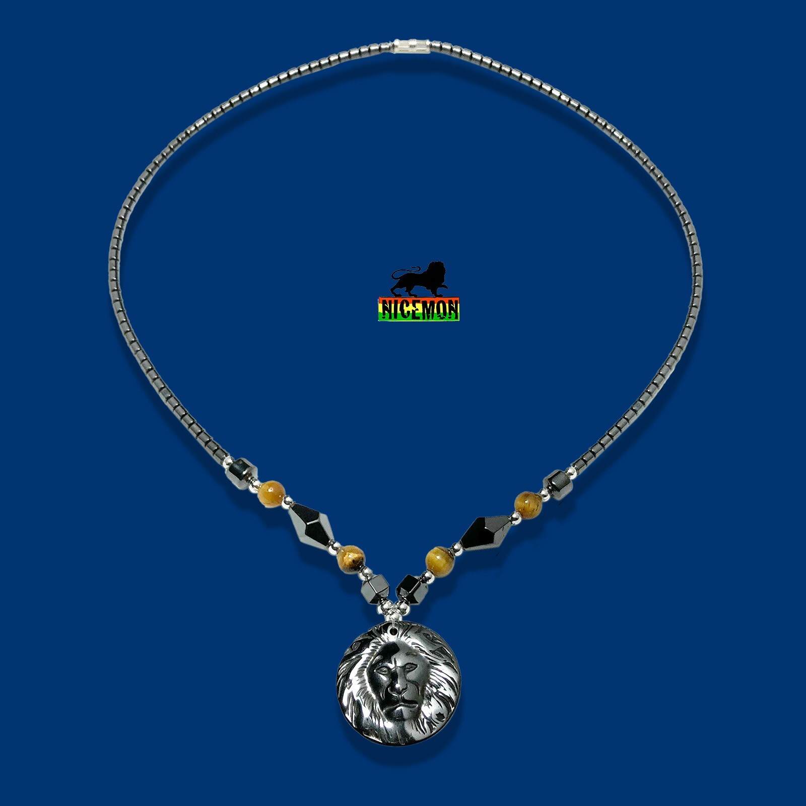 Hematite Necklace Small Lion Pendant Jah Love Rasta Africa Reggae Rasta 18″