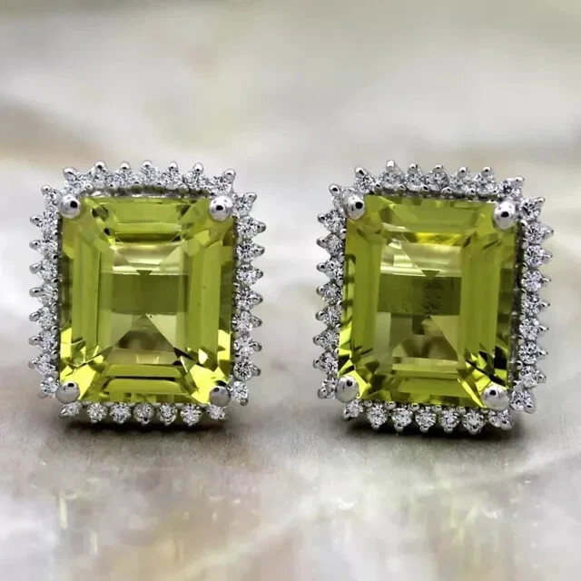 4Ct Emerald Cut Lab-Created Green Peridot Men’s Cufflinks 14K White Gold Plated