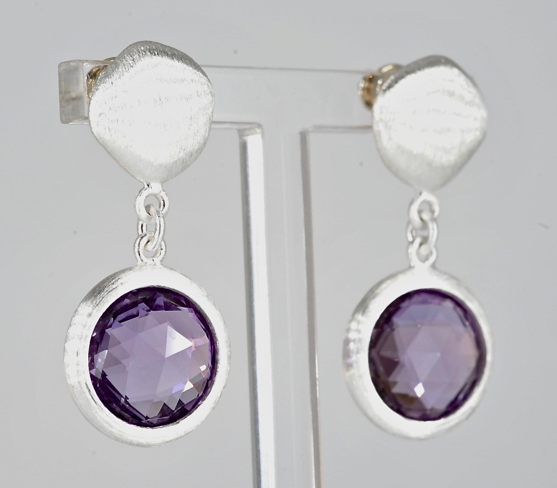 Amethyst 11mm Dia. in Brushed Sterling Silver with 3cm Drop Earrings RRP £195