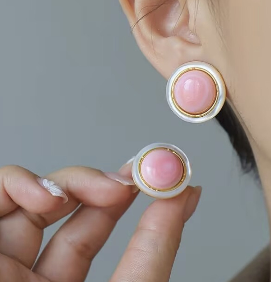 classic pair of 21mm pink conch pearl stud earring 925s(ryj)