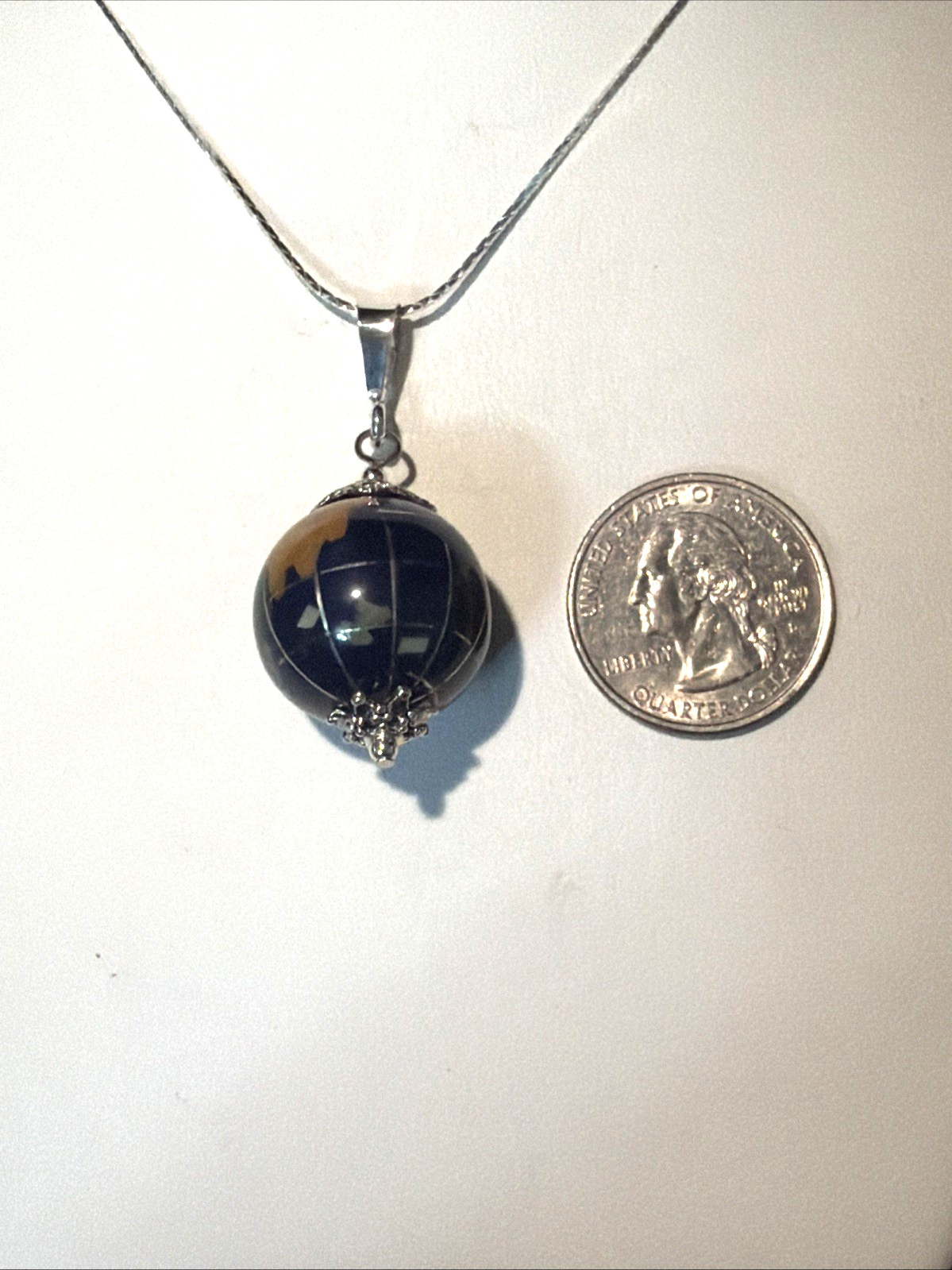 *NEW ITEM-LG. VTG. 20MM LAPIS GEMSTONE INTARSIA WORLD GLOBE NECKLACE .925 SILVER