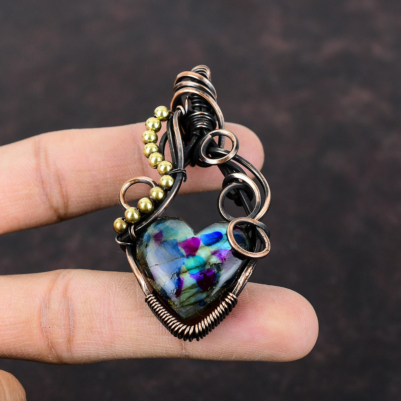 Gift For Her Multi Fire Labradorite Wire Wrapped Pendant Copper Jewelry 2.76″
