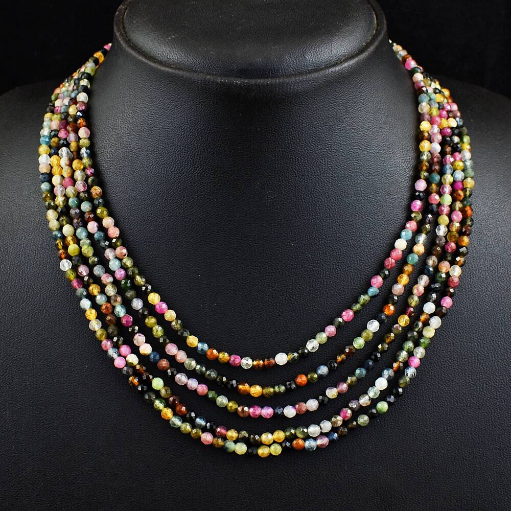 263 Cts Natural 5 Strand Tourmaline Round Cut Beads Necklace Jewelry JK 49E379