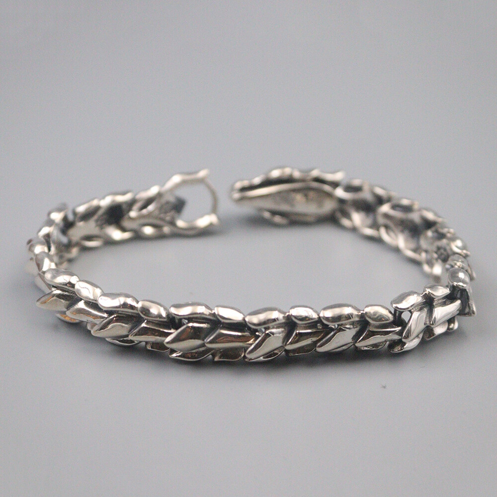 Solid S925 Sterling Silver Chain Men 11mm Dragon Bone Link Bracelet 60-61g 7.9in