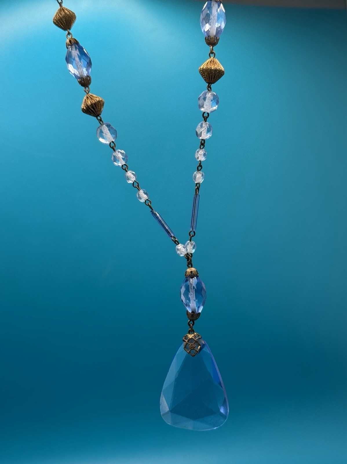 Antique Art Deco Blue Czech Glass Teardrop Necklace 21” Brass Filigree 1920s