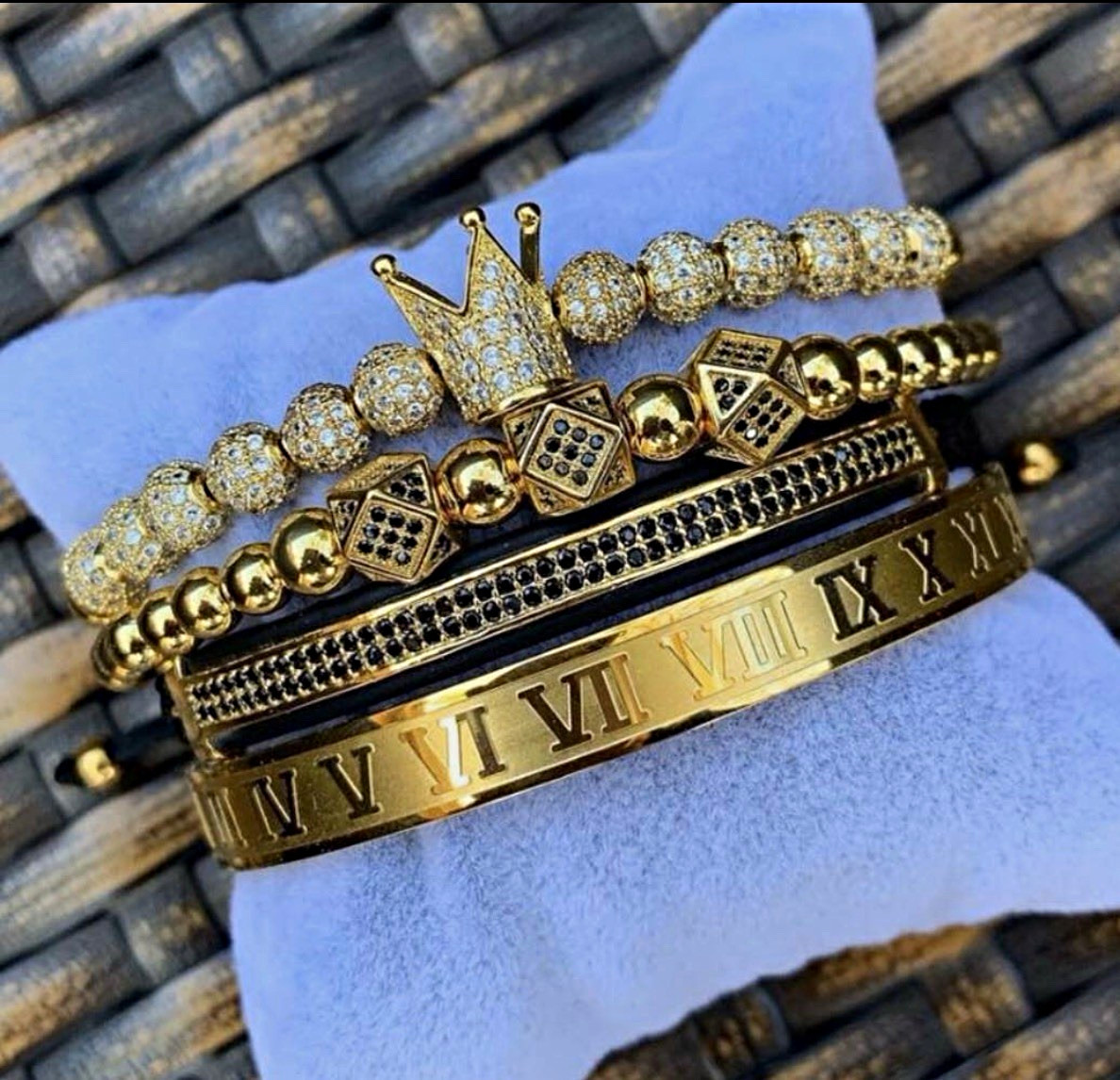 Stackable Adjustable Gold Tone Crown Charm Beaded Set, Roman Numeral Bangle 4pcs