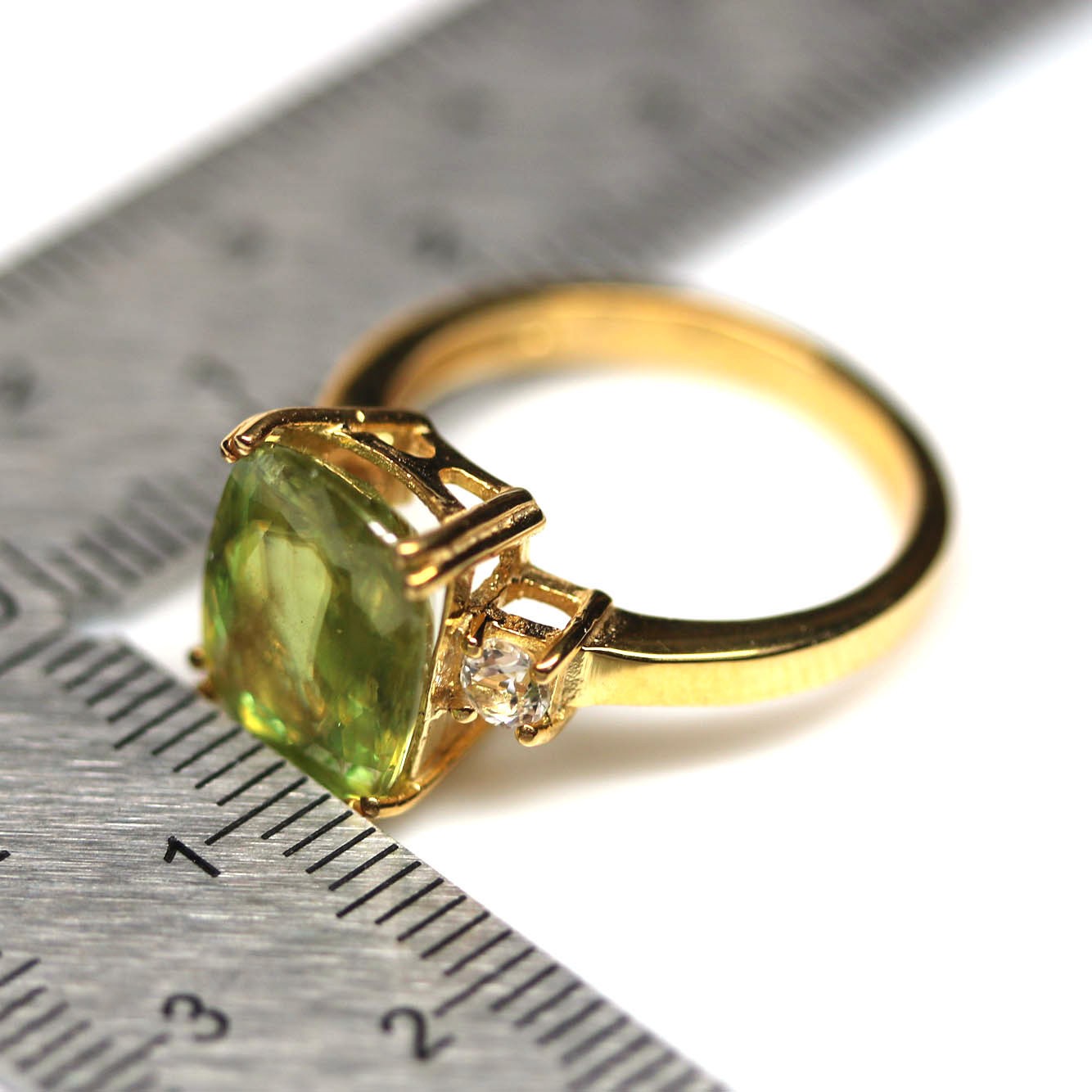 Handmade 925 Silver Green Sphene White Topaz Ring Size 6 18K Gold Plated