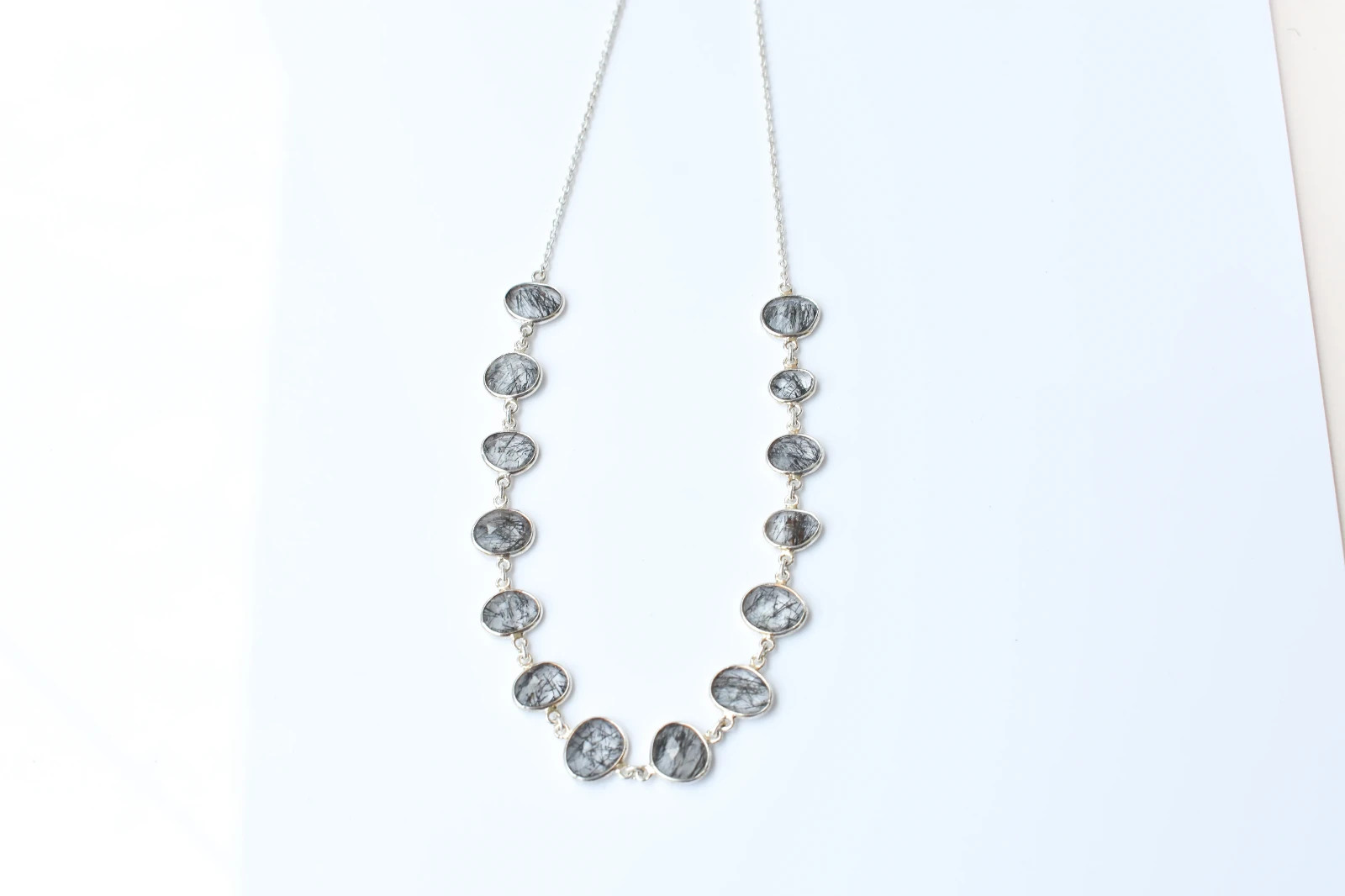 IGS Certified Black Rutilated Quartz Station Necklace, 925 Sterling Silver, Tour