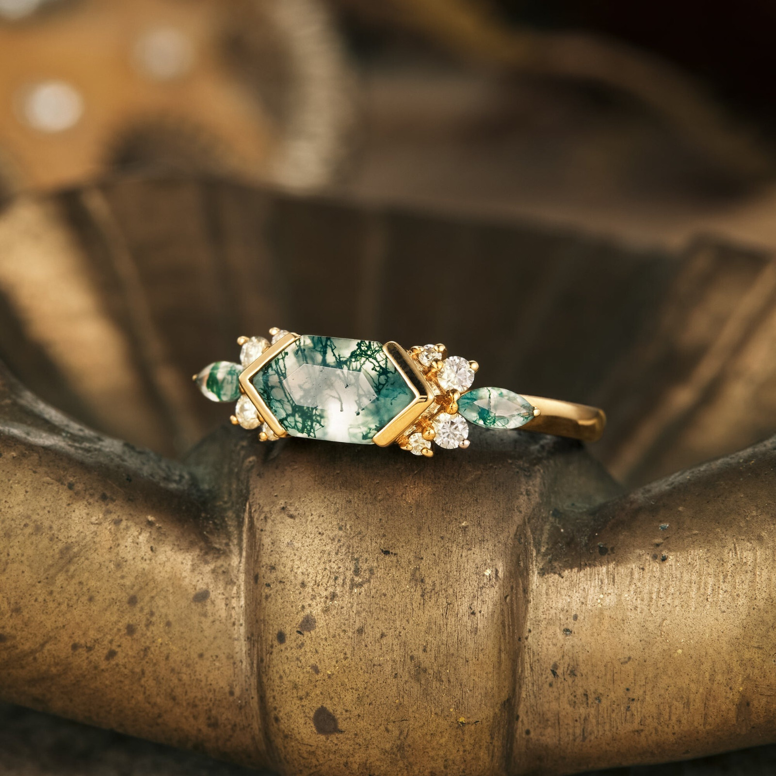 Hexagon Moss Agate Engagement Ring 925 Silver Gold Olated Ring Promise Gift Her
