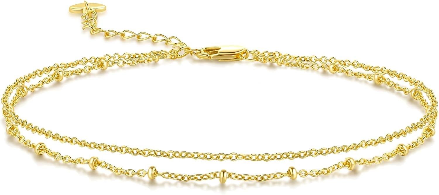 14K Gold Anklets for Women Gold Ankle Bracelets for Women Refined Dual-Chain Str