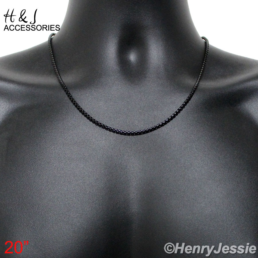 16-36″MEN Stainless Steel 2.5mm Black Plated Smooth Box Link Chain Necklace