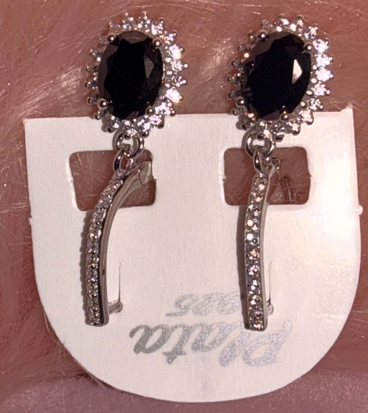 Plata 925 Sterling Silver Leverback Dangle Earrings Oval Black CZ Cultured