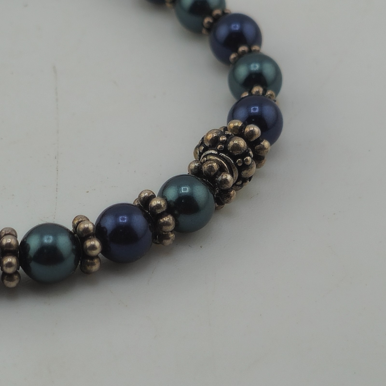 925 Sterling Silver Twisted Toggle Clasp Blue Green Faux Pearl Bracelet 6.25 in