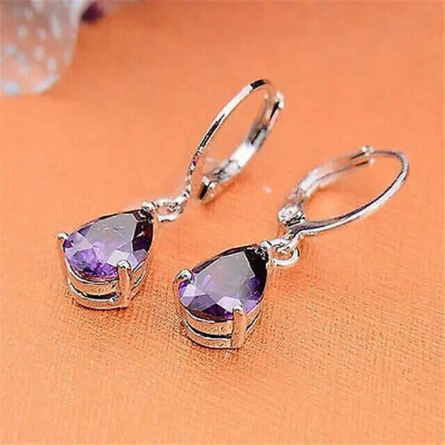 2Ct Pear Simulated Amethyst Women’s Drop Dangle Earrings 14k White Gold Plated