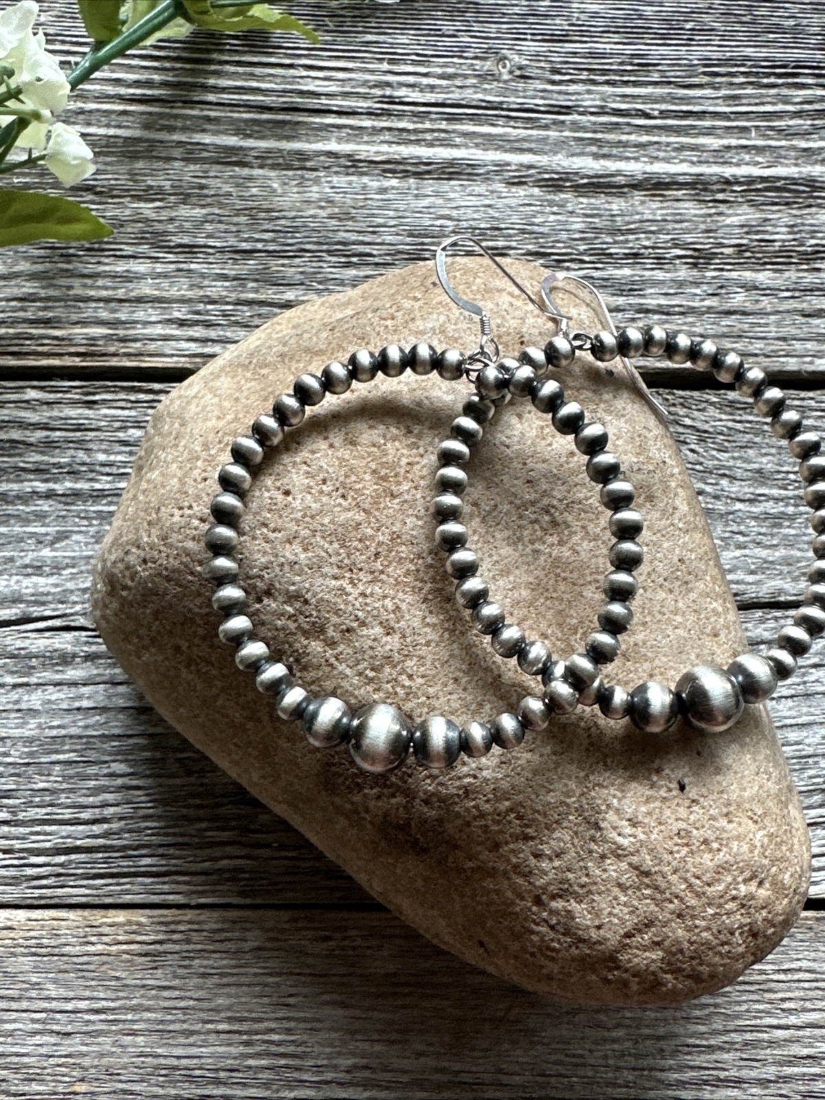 Sterling Silver Oxidized Pearls Bead Hoop Earrings. 2.6 Inch