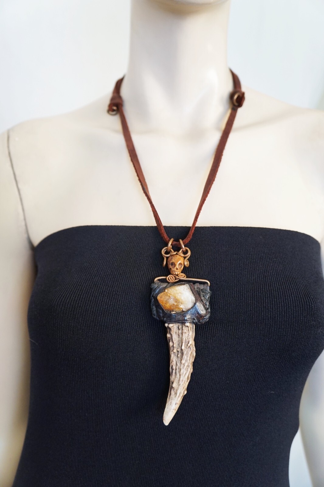 Artisan Crafted Statement NECKLACE with Skull, Talon, Izida Gem Stitched Leather