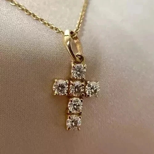2.2Ct Round Cut Real Moissanite Cross Charm Pendant 14K Yellow Gold Plated “18
