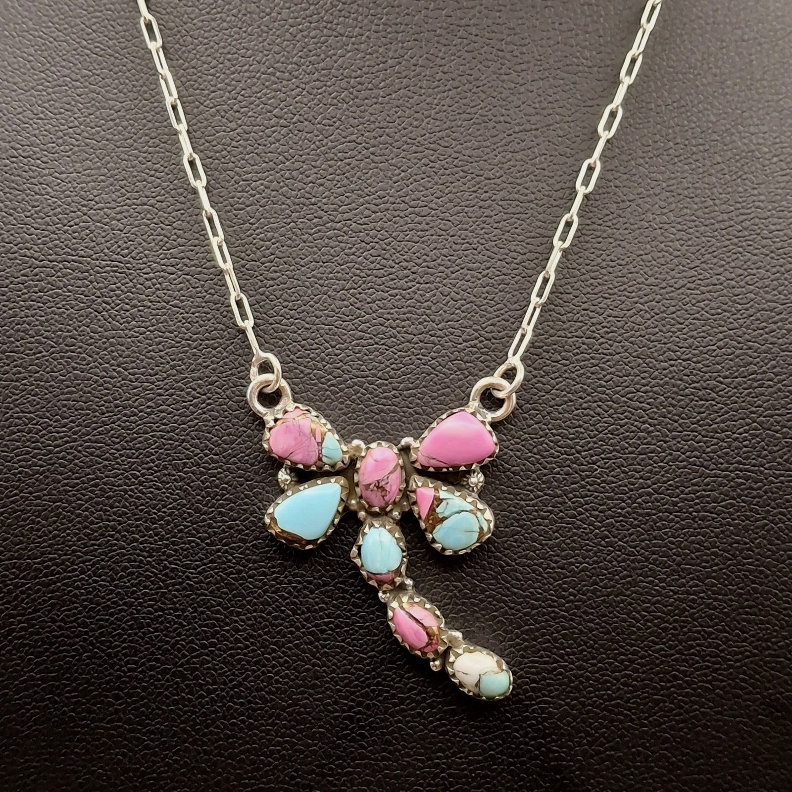 Cotton Candy Turquoise Dragonfly Sterling Silver Necklace 17-19in Southwestern