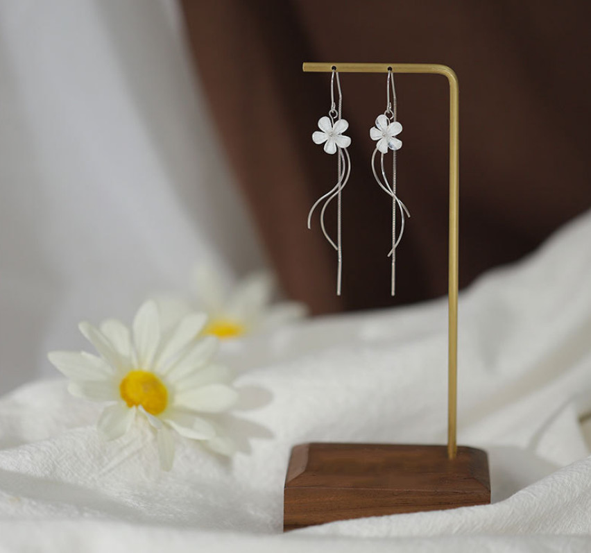 Silver Plated Flower Dangle Drop Pull Through Tassel Threader Earrings PE48