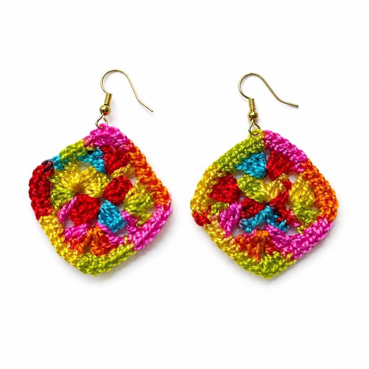 Handmade Crochet Granny Square Earrings Colorful Boho Lightweight Dangle Gift