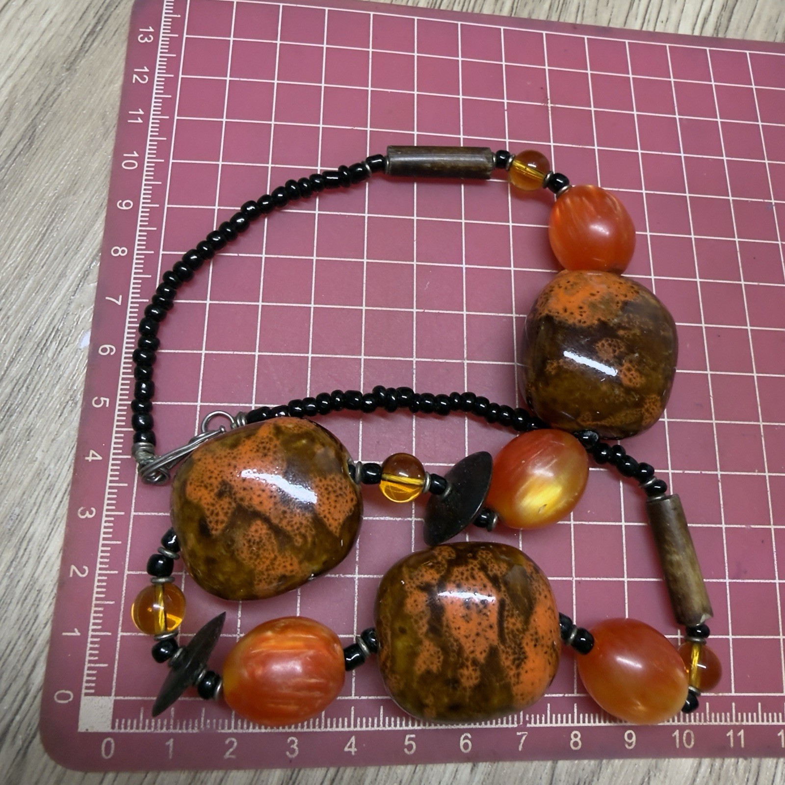 RETRO Orange Ceramic Beaded Necklace Boho Pretty Kitsch 51cm/20″ Chunky Wood