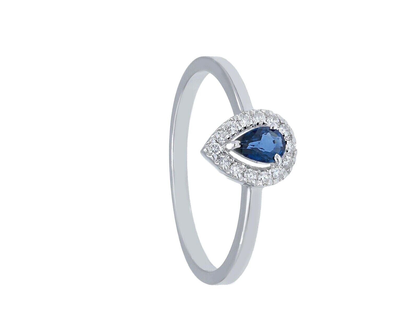 SOLID 18K WHITE GOLD RING WITH DROP CUT SAPPHIRE 0.27 Carats AND DIAMONDS FRAME