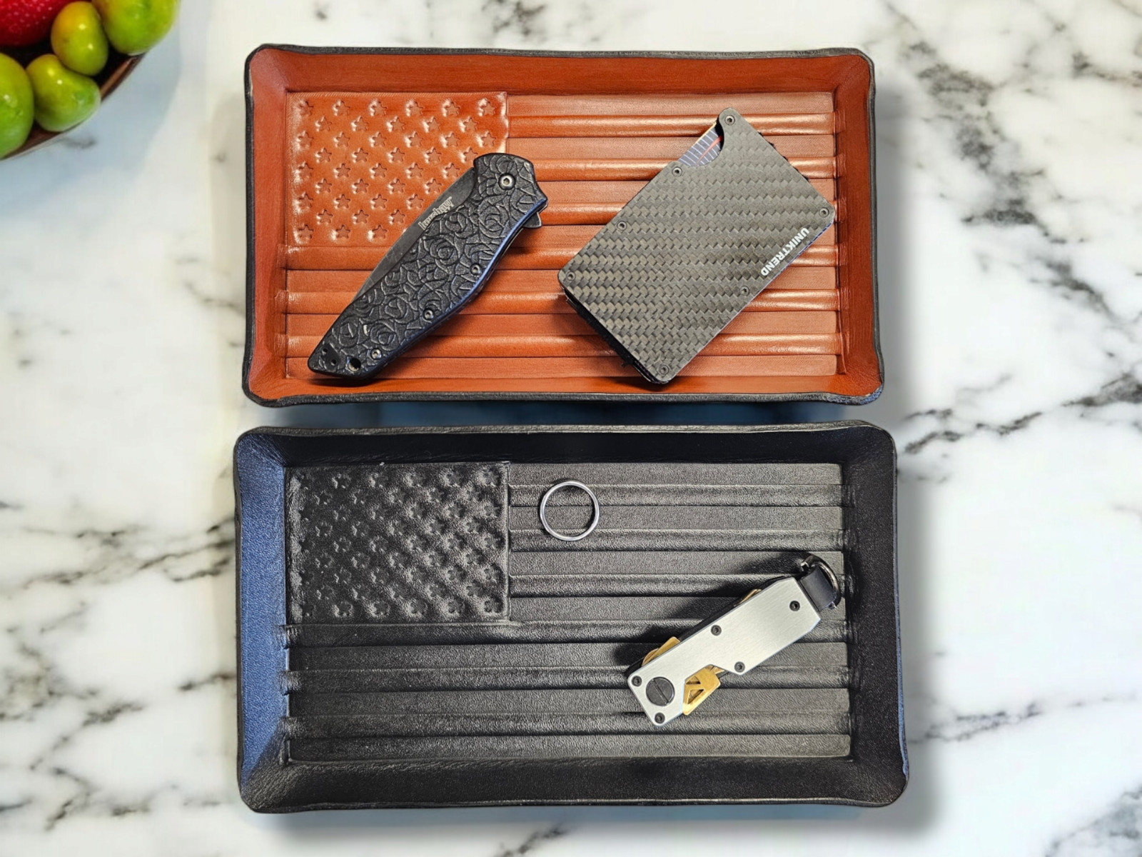 Leather valet tray. Formed leather, American flag , organizer, catchall tray