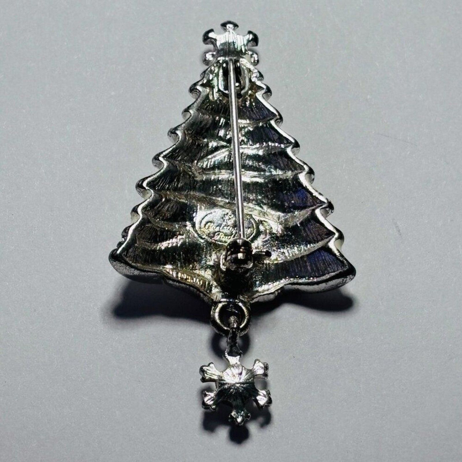 VINTAGE Christopher Radko Silver Tone Christmas Tree Brooch Dangle Snowflake