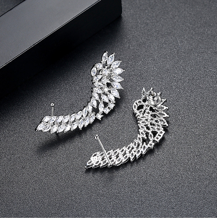 Silver Cubic Zirconia CZ Wing Feather Pin Ear Cuff Crawler Climber Earrings PE37