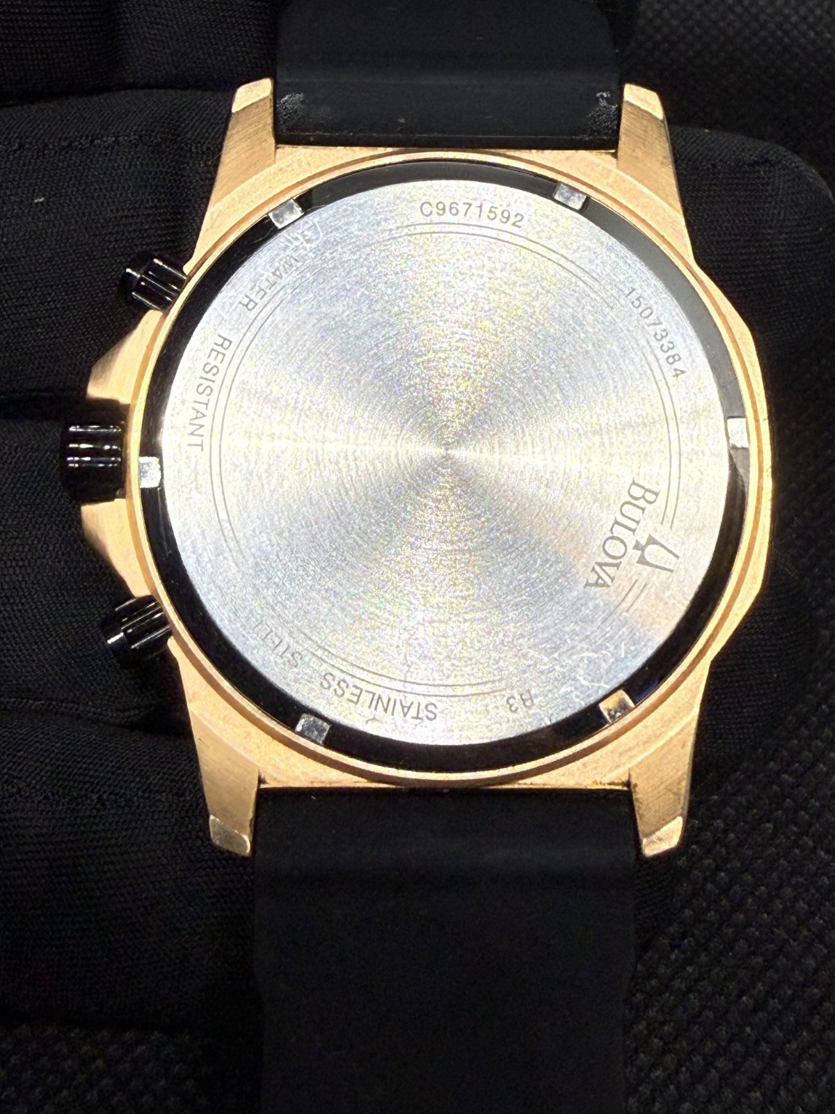 Bulova Marine Star 98B104 Mens Watch Gold Case Blk Rubber Strap 44mm Running