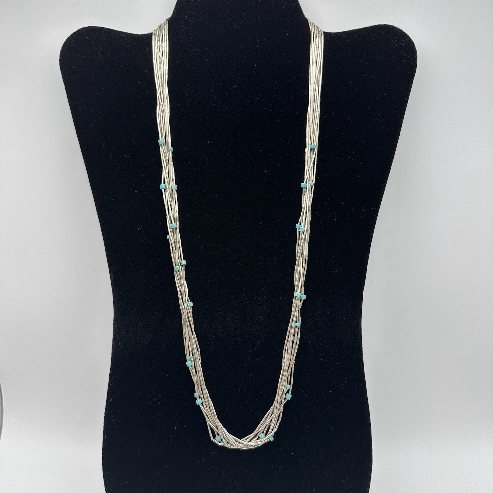 Liquid Sterling Silver & Turquoise Native American Necklace 25”, 10 Strand Vintg