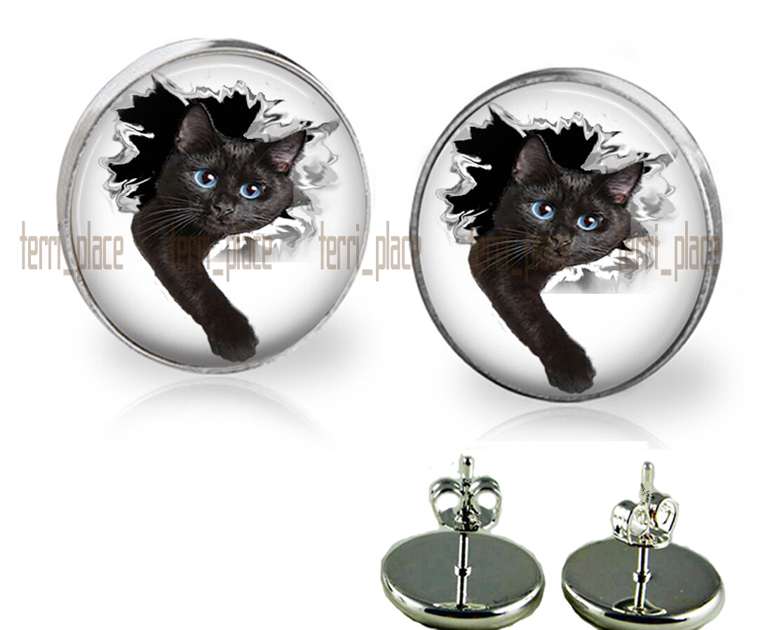 Break Out Black Cat Blue Eyes Stud Earrings Handmade Glass Top Photo Jewelry