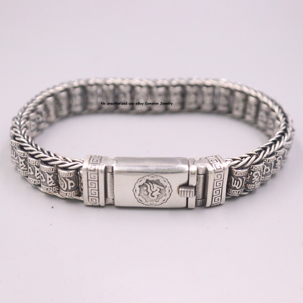 Pure S925 Sterling Silver Bracelet 11mm Six Words Wheat Beads Link Chain 8.26in