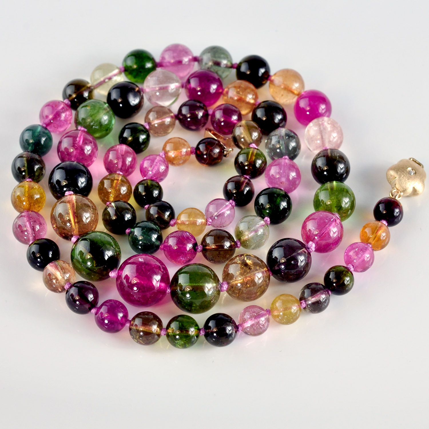 6.2mm-10.7mm Tourmaline Smooth Round Globe Bead Necklace 14K Diamond clasp