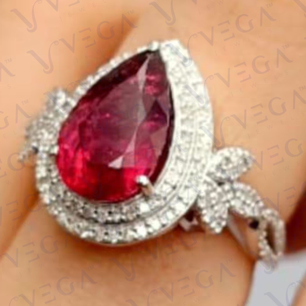 6.80carat Pear Shape Natural Ruby Gemstones & Diamond Ring 18K White Gold Plated