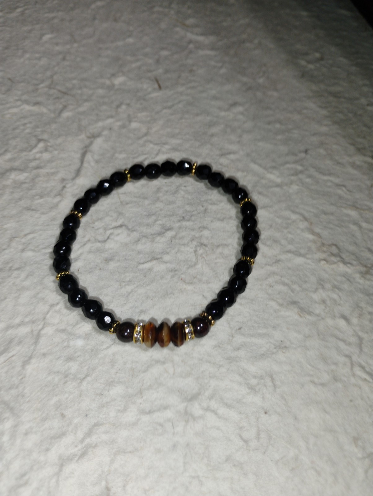Tiger Eye And Black Obsidian Handmade Beaded Stretch Bracelet With Gold-Tone…