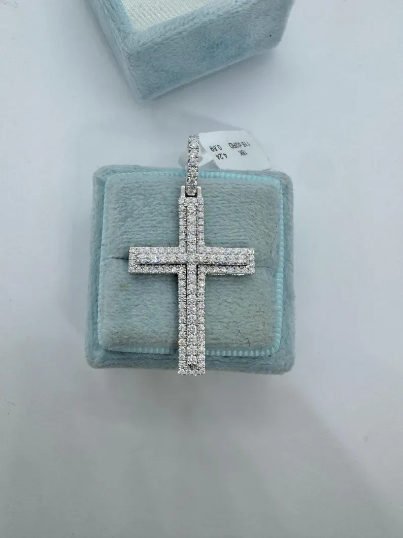 0.89Ct Round Cut Moissanite Cross Square Pave Set Pendant 14K White Gold Plated