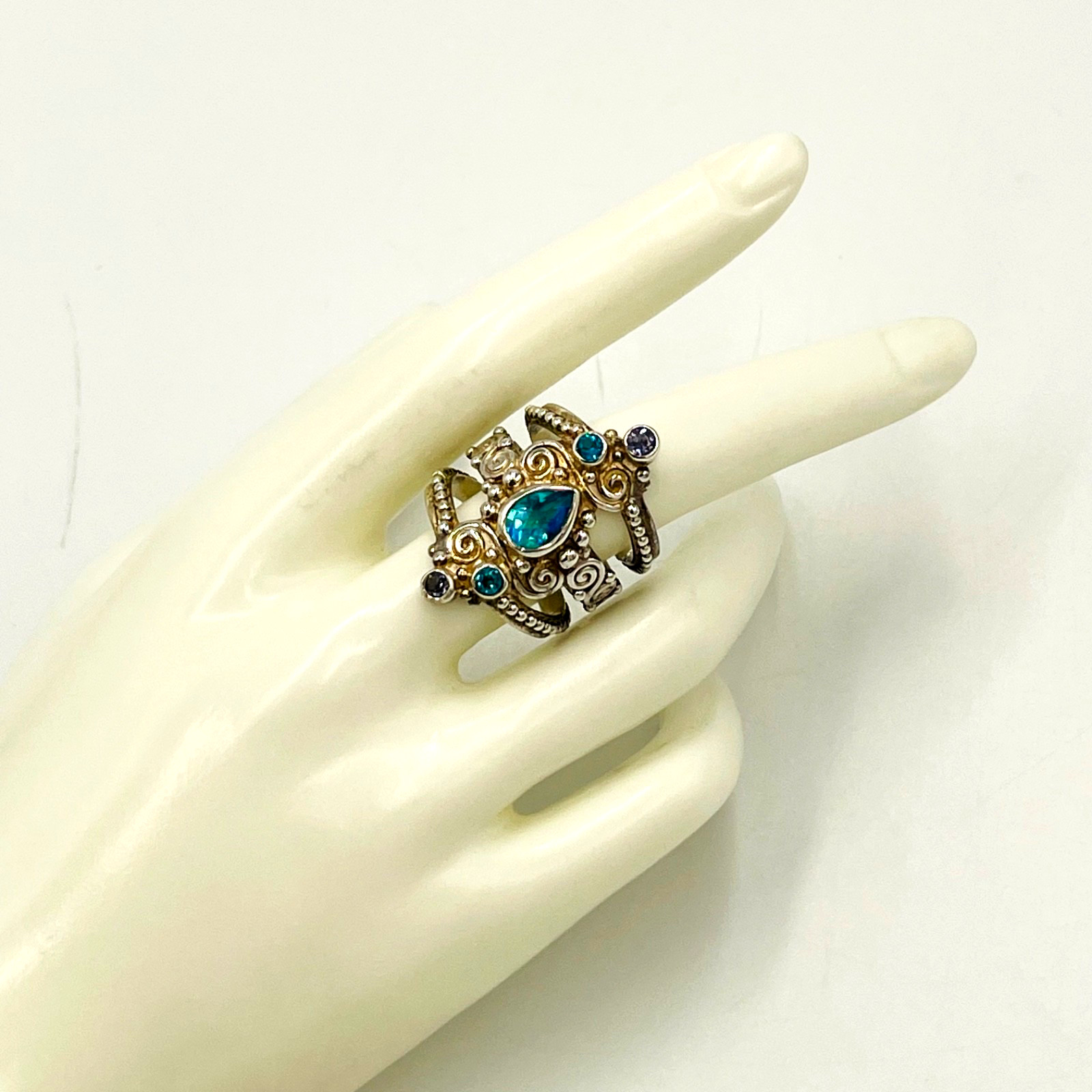 Sajen Mystic Fire Quartz Multi Gemstone 925 STS Adjustable Ring Sz 9 Boho Hippie