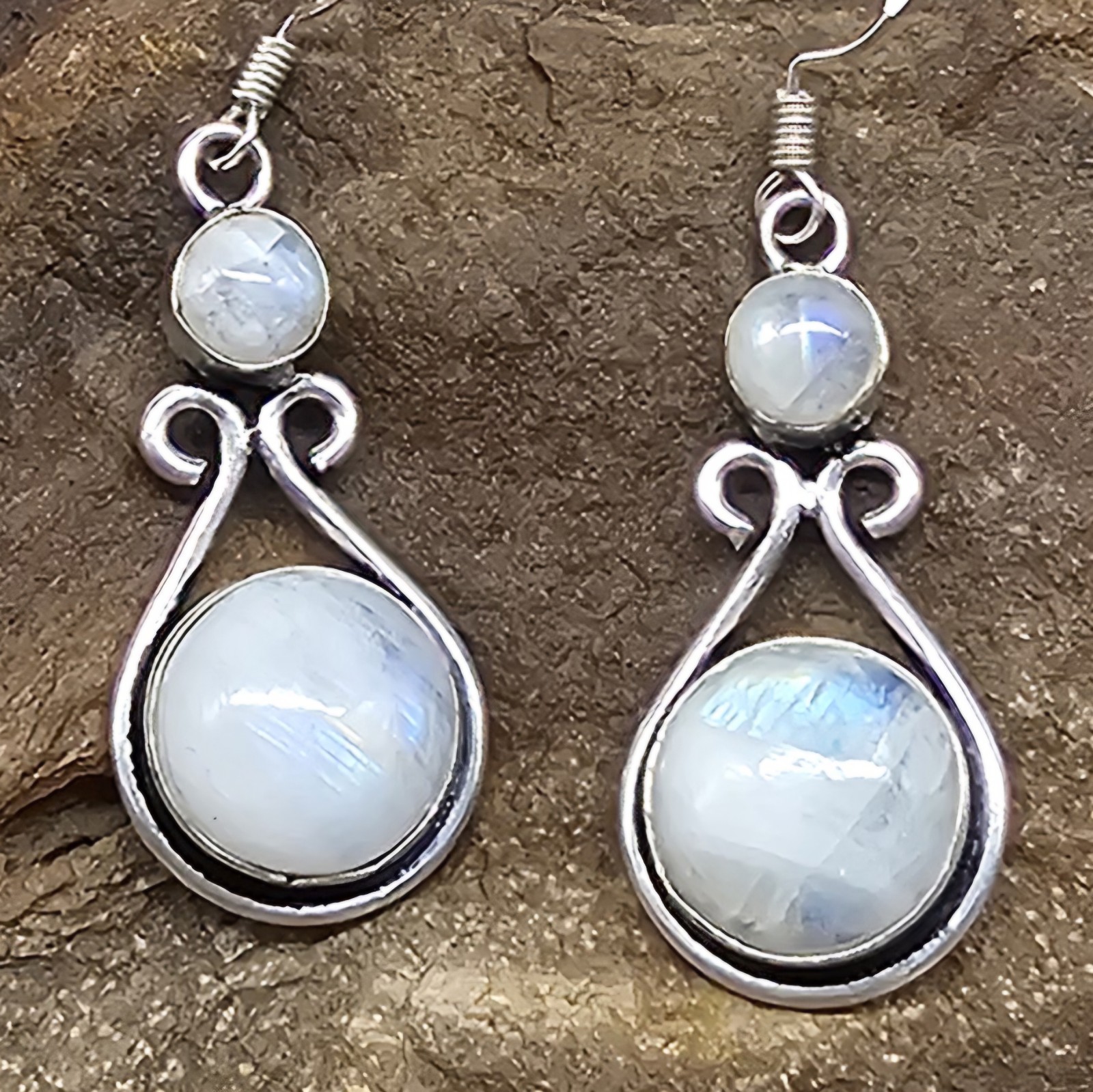 925 Overlay 12.2mm Rainbow Moonstone 2″ Drop Earrings