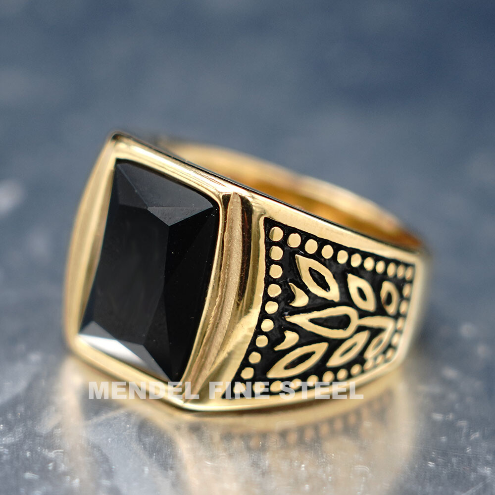 MENDEL Mens Gold Plated Stainless Steel Black Obsidian Stone Ring Men Size 7-15