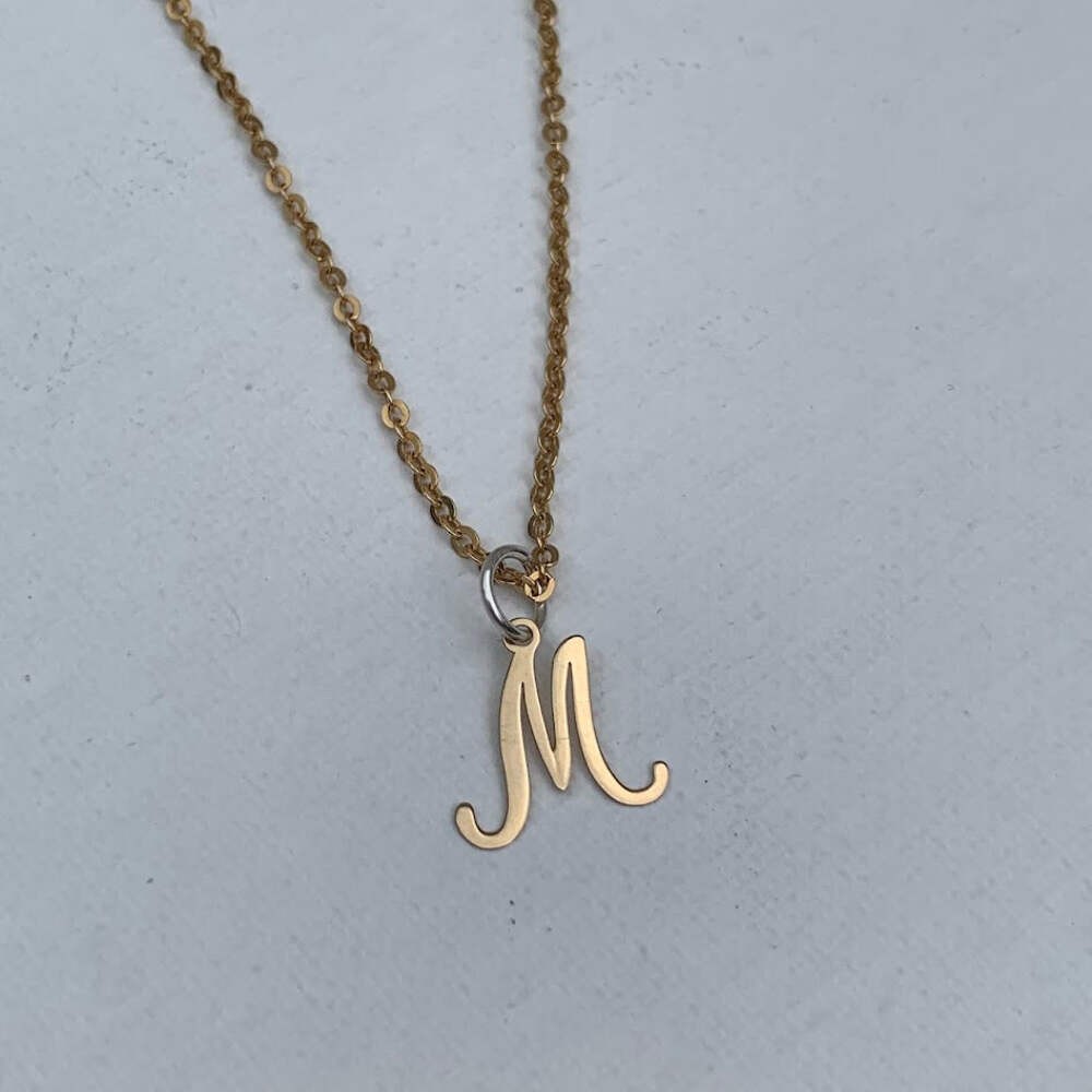 9K Gold Script Letter M Pendant with Sterling Silver Bail
