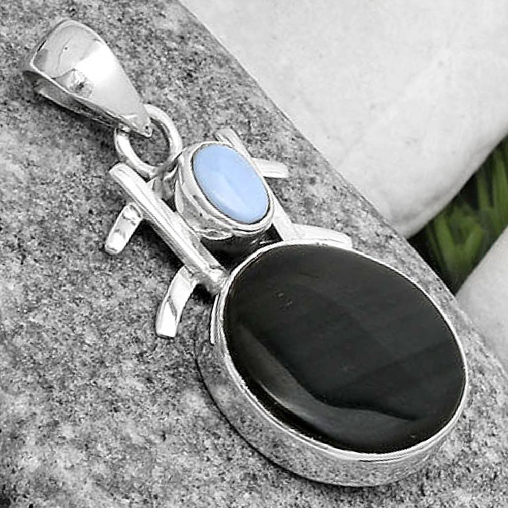 Black Lace Obsidian & Owyhee Opal 925 Sterling Silver Pendant Jewelry P-1046