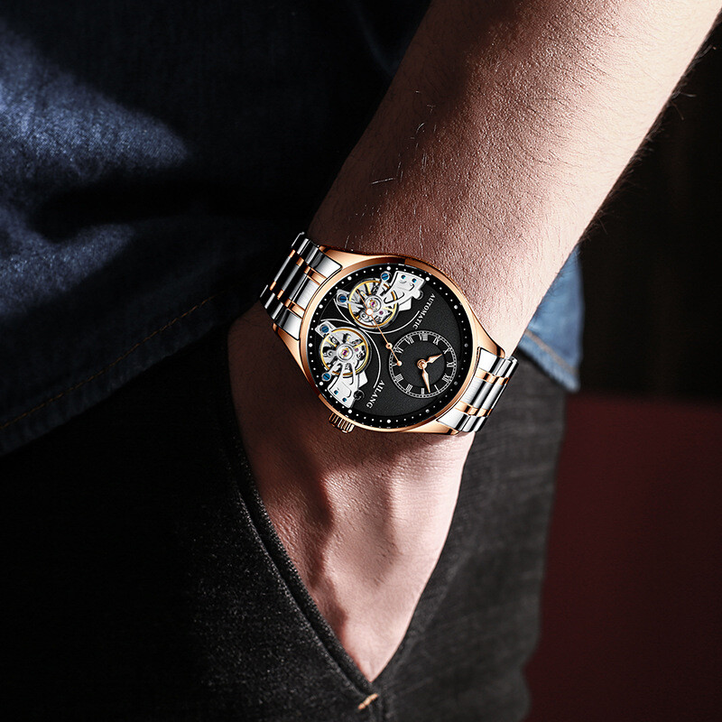 AILANG Men’s Watch Hollow Double Flywheel Automatic Mechanical Wristwatches