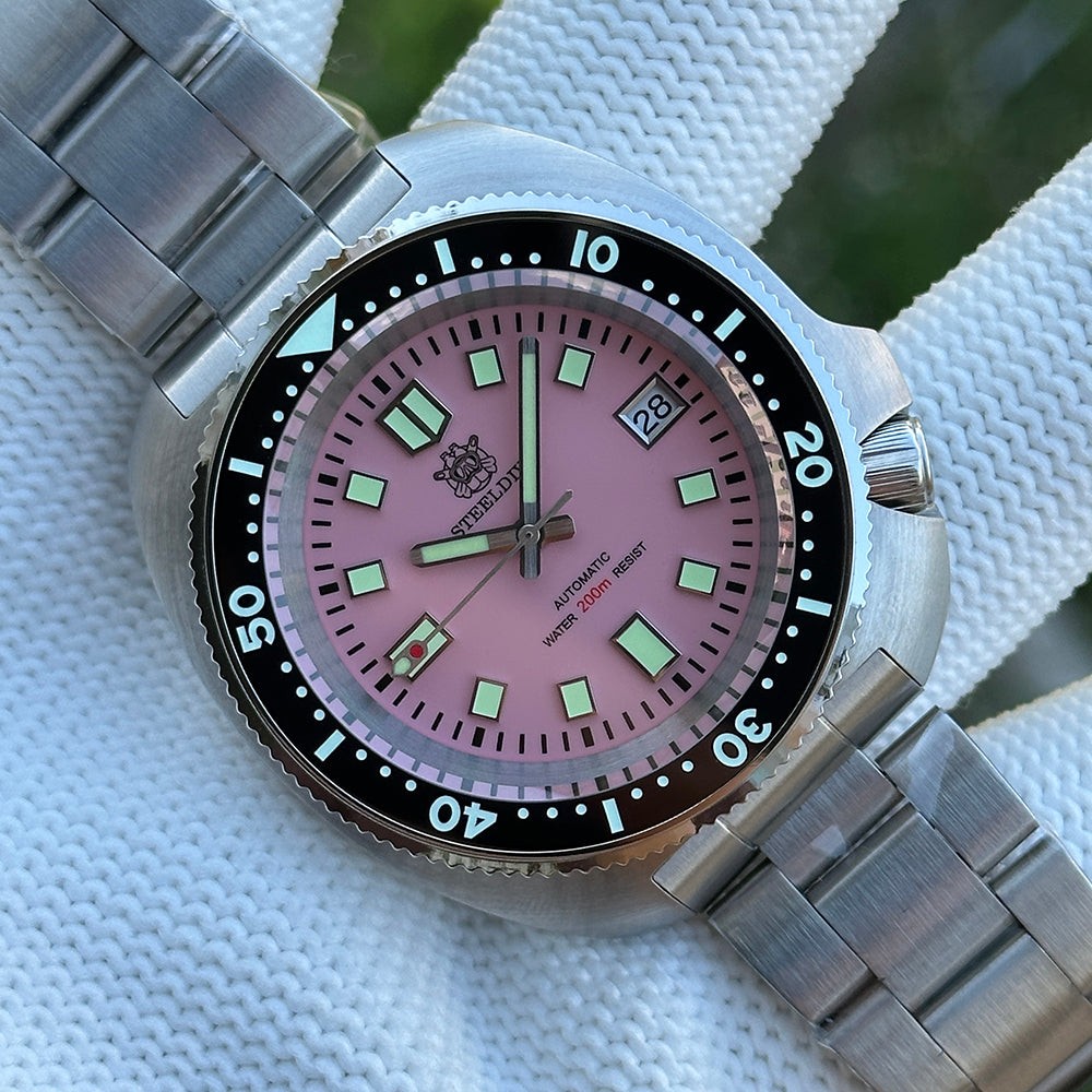 STEELDIVE SD1974 Mens 43.8mm 200M Automatic Dive Watch NH35 Steel Pink